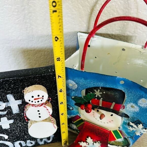 Christmas Snowman Holiday Decor Lot Metal Bag & Canvas Painting - Picture 2 of 3